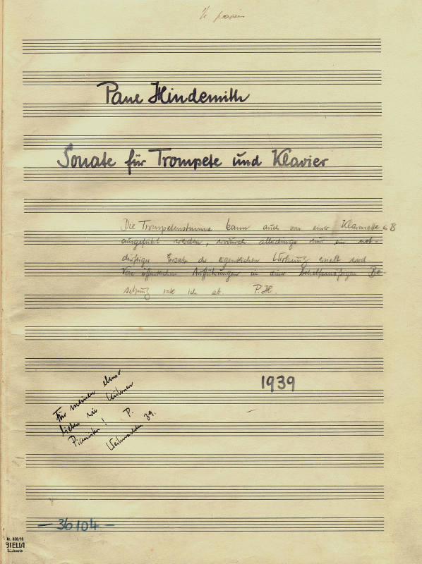 Hindemith "Sonata" Manuscript Title Page