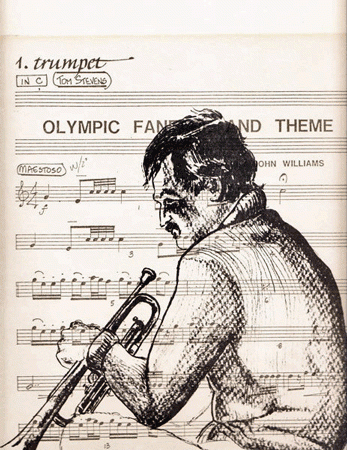 Dr. Ray Zak's artist sketch over Tom Stevens' first trumpet part to John Willam's Olympic Fanfare and Theme (NBC)